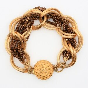 Vintage Hattie Carnegie Chunky Gold Tone‎ Link Bronze Glass Bead Bracelet 1960s